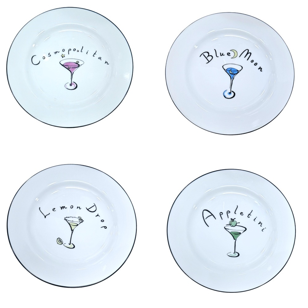 POTTERY BARN MARTINI DESIGN SET OF 4 WHITE COCKTAIL/APPETIZER CERAMIC PLATES